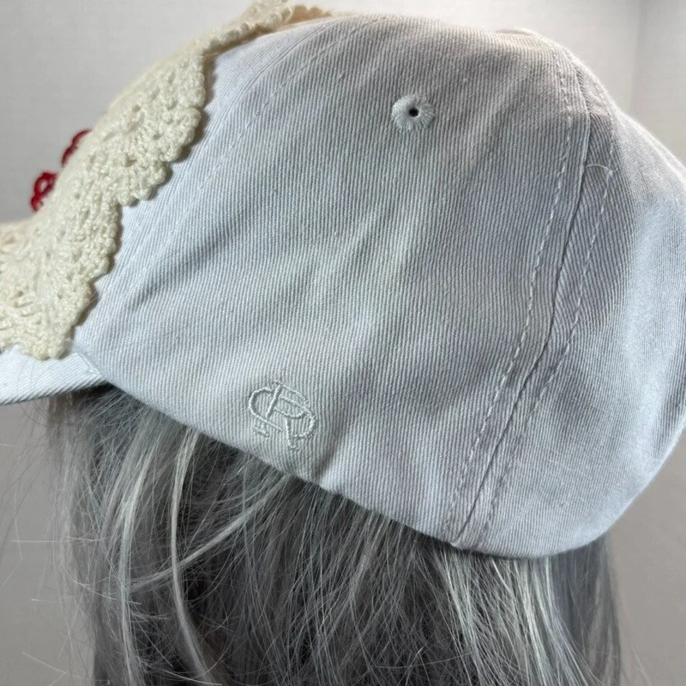 Hat Cap Strap Back Womens White Handmade Crochet Embellished Flower Streetwear